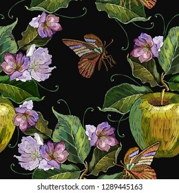 Embroidery apples and butterfly seamless pattern. Spring fashion template for clothes, textiles and t-shirt design. Tapestry art