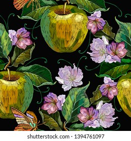 Embroidery apples and butterfly seamless pattern. Fashion template for clothes, textiles and t-shirt design. Spring blossoming apple-tree tapestry art