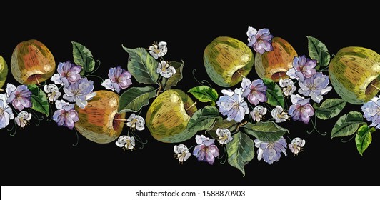 Embroidery apples and flowers seamless pattern.horizontal seamless pattern. Fashion template for clothes, textiles and t-shirt design. Spring blossoming apple-tree tapestry art
