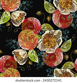 Embroidery apples fruits and yellow peonies flowers seamless pattern. Summer garden template for clothes, textiles, t-shirt design 