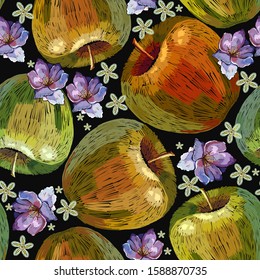 Embroidery apples and pink flowers seamless pattern. Fashion template for clothes, textiles and t-shirt design