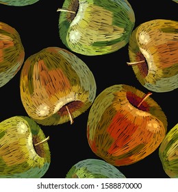 Embroidery apples seamless pattern. Fruit art. Fashion template for clothes, textiles