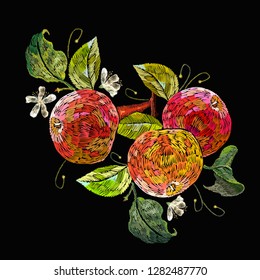 Embroidery apples and white flowers. Fashion nature template for clothes, textiles, t-shirt design. Classical embroidery ripe apples on branch, spring art