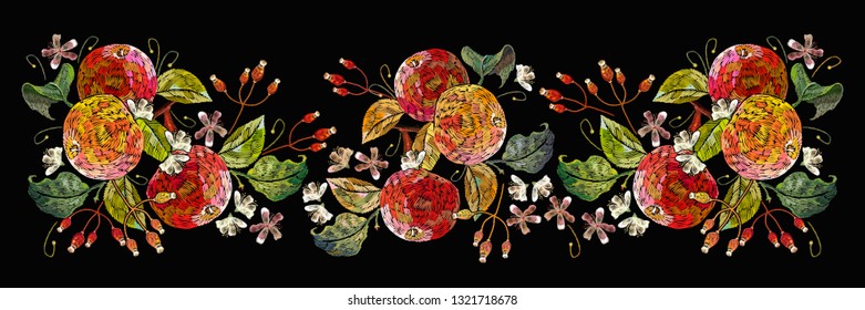 Embroidery apples and white flowers. Spring nature template for textiles, t-shirt design. Classical fashion clothes art 