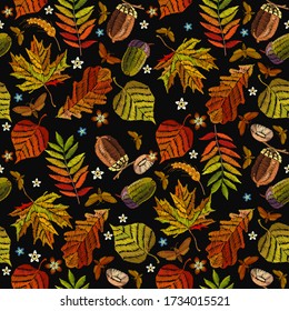 Embroidery art. Autumn seamless pattern. Leaves, acorns, wild forest, oak. Fashionable template for design of clothes, t-shirt design 