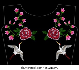 Embroidery asian crane with bellflowers, rose, spring flowers. Vector fashion embroidered floral ornament, fancywork pattern for textile, fabric traditional folk decoration.