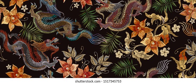 Embroidery asian dragon and beautiful yellow daffodils flowers seamless pattern. Oriental style. Japan and China art 
