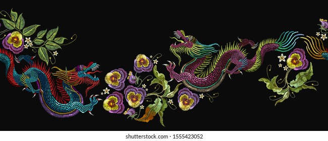 Embroidery asian dragons and beautiful flowers seamless pattern. Japan art. East style. Clothes, textile design template 