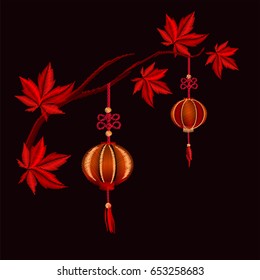  Embroidery Autumn Japanese Maple Leaves And Lanterns.