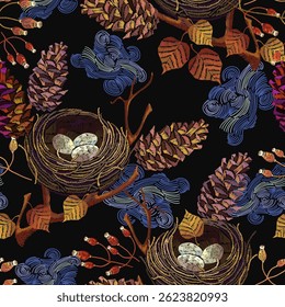 Bordado. Folhas de outono, fircones e ovos de ninho. Padrão contínuo. Estilo de queda natureza. Modelo na moda para design de roupas. Setembro de arte florestal