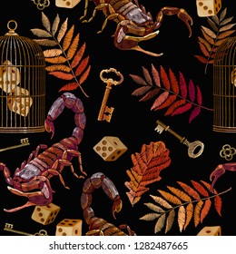 Embroidery autumn leaves, scorpion, vintage key and golden cage seamless pattern. Halloween template for clothes, t-shirt design. Classical gothic art embroidery