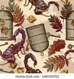 Embroidery autumn leaves, scorpion, vintage key and golden cage seamless pattern. Classical gothic art. Halloween template for clothes, t-shirt design 
