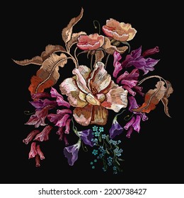 Embroidery. Autumn pink roses, meadows herbs and colorful hyacinths flowers. Fashion template for design of clothes, tapestry. Garden art