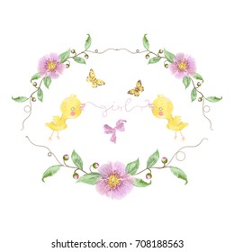 Embroidery baby floral pattern with chicks and butterflies for girls. Vector embroidered blank with birds for newborns clothing design.