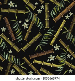 Embroidery bamboo and flowers seamless pattern. Template for clothes, textiles, t-shirt design