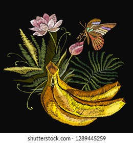 Embroidery banana, lotus flowers and butterfly. Tropical spring art. Fashion template for clothes, textiles and t-shirt design