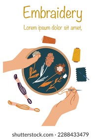 Embroidery banner concept. Hands with threads and needles near round piece of fabric. Aesthetics and elegance. Set for needlework in studio, clothing production. Cartoon flat vector illustration