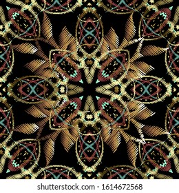 Embroidery baroque 3d vector seamless pattern. Colorful floral grunge background. Tapestry wallpaper. Arras damask flowers, scroll branches, leaves, hatching baroque ornaments. Embroidered texture.
