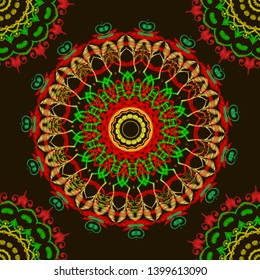 Embroidery Baroque seamless mandala pattern. Vector colorful tapestry floral round ornament. Grunge stitching texture. Embroidered flowers, leaves. Vintage decorative textured design. Ethnic ornament
