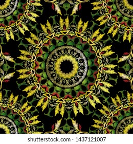 Embroidery Baroque seamless mandalas pattern. Vector colorful tapestry floral ornament. Grunge texture. Embroidered ornate vintage flowers, green leaves. Textured Damask ornament