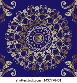 Embroidery Baroque seamless mandalas pattern. Vector gold tapestry floral ornament. Grunge texture. Embroidered ornate vintage flowers, leaves, zigzag lines, stitch. Decorative textured endless design
