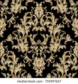 Embroidery Baroque seamless pattern. Black vector grunge background. Tapestry gold damask flowers, scroll leaves, ornaments in baroque style. Embroidered texture. Tapestry design for fabric, walls