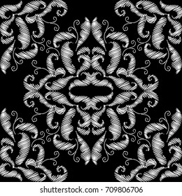 Embroidery baroque seamless pattern. Damask vector floral black background with hand drawn grunge vintage gold flowers leaves and antique baroque ornaments. Design for prints, applications, fabric