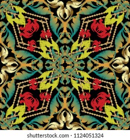 Embroidery Baroque seamless pattern. Textured grunge vector background. Tapestry striped floral ornament . Decorative embroidered colorful design. Abstract texture. Flowers, stripes, zigzag, shapes.