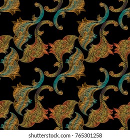 Embroidery Baroque seamless pattern. Vector tapestry ornaments, autumn leaves, scrolls in Victorian style. Floral embroidered background. Luxury hatching arras design for wallpapers, fabric, prints