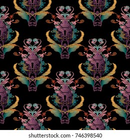 Embroidery Baroque seamless pattern. Vintage vector background. Abstract grunge wallpaper. Floral tapestry ornaments with embroidered baroque flowers, scroll leaves. Tapestry surface baroque texture.