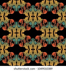 Embroidery baroque vector seamless pattern. Colorful floral grunge background. Tapestry wallpaper. Arras damask flowers, scroll branches, leaves, hatching baroque ornaments. Embroidered texture.