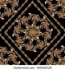 Embroidery baroque vector seamless pattern. Gold floral grunge background. Tapestry wallpaper. Arras golden flowers, scroll  leaves, rhombus frames, hatching baroque ornaments. Embroidered texture.