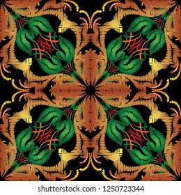 Embroidery baroque vector seamless pattern. Colorful floral grunge background. Tapestry wallpaper. Arras damask flowers, scroll leaves, vintage baroque ornaments. Ornate decorative embroidered texture