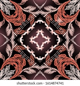 Embroidery baroque vector seamless pattern. Colorful floral grunge background. Tapestry wallpaper. Damask flowers, scroll branches, leaves, frames, hatched baroque ornaments. Embroidered texture.