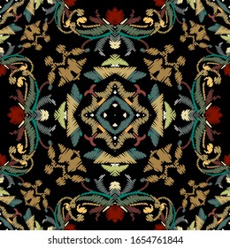 Embroidery baroque vector seamless pattern. Colorful floral grunge background. Tapestry wallpaper. Arras damask flowers, scroll branches, leaves, hatching baroque ornaments. Embroidered texture.