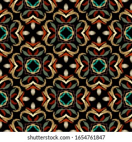 Embroidery baroque vector seamless pattern. Colorful floral grunge background. Tapestry wallpaper. Arras damask flowers, scroll branches, leaves, hatching baroque ornaments. Embroidered texture.