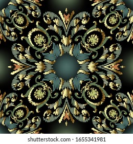 Embroidery Baroque vector seamless pattern. Glowing floral grunge background. Tapestry wallpaper. Carpet. Damask flowers, leaves, hatching baroque ornaments. Embroidered texture. Renaissance style.