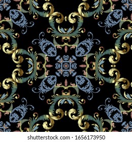 Embroidery Baroque vector seamless pattern. Colorful floral grunge background. Tapestry wallpaper. Carpet. Damask flowers, leaves. Textured baroque ornaments. Embroidered texture. Renaissance style.
