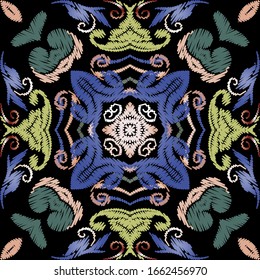 Embroidery Baroque vector seamless pattern. Colorful floral grunge background. Tapestry wallpaper. Carpet. Fabric. Damask flowers, leaves. Textured baroque ornaments. Embroidered endless texture.

