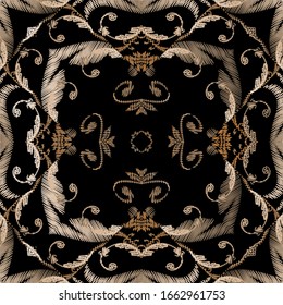 Embroidery Baroque vector seamless pattern. Colorful floral grunge background. Tapestry wallpaper. Carpet. Fabric. Damask flowers, leaves, frames. Textured baroque ornaments. Embroidered texture.
