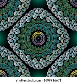Embroidery baroque vector seamless pattern. Colorful floral grunge background. Tapestry mandalas. Stitching damask flowers, leaves, zigzag lines. Textured baroque ornaments. Embroidered texture.
