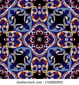 Embroidery baroque vector seamless pattern. Colorful floral grunge background. Tapestry wallpaper. Arras damask flowers,  leaves, hatching baroque ornaments. Embroidered texture. Textured design.