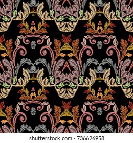 Embroidery baroque vector seamless pattern. Colorful floral grunge background. Tapestry wallpaper. Arras damask flowers, scroll branches, leaves, hatching baroque ornament. Embroidered pattern texture