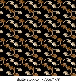Embroidery baroque vector seamless pattern. Grunge floral background. Wallpaper. Embroidered gold damask flowers, scroll leaves, swirls.  Tapestry antique ornaments. Design in baroque Victorian style