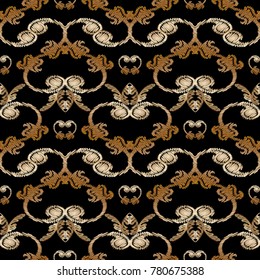 Embroidery Baroque vector seamless pattern. Grunge floral background. Wallpaper. Embroidered gold damask flowers, scroll leaves, swirls.  Tapestry antique ornaments. Design in baroque Victorian style