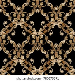 Embroidery Baroque vector seamless pattern. Grunge floral background. Wallpaper. Embroidered gold damask flowers, scroll leaves, swirls.  Tapestry antique ornaments. Design in baroque Victorian style