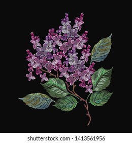 Embroidery beautiful blossoming lilac flowers bouquet. Fashion template for clothes, textiles, t-shirt design. Spring art 