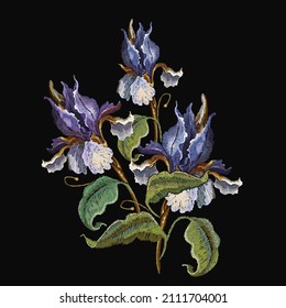 Embroidery beautiful blue spring irises. Fashion art template for clothes, t-shirt design. Summer floral garden style