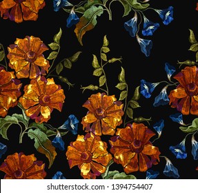Embroidery beautiful bouquet orange calendula and blue flowers seamless pattern. Fashion template for clothes, textiles, t-shirt design