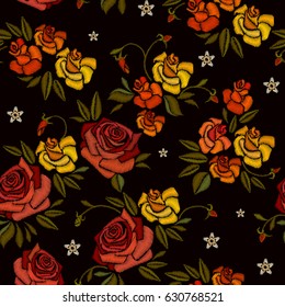 Embroidery beautiful buds of roses hand drawn seamless pattern. Roses embroidery seamless pattern on black background. Template for fashion clothes, t-shirt design 